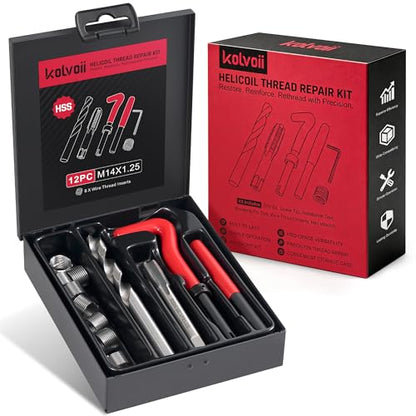 Kolvoii M14×1.25 Helicoil Thread Repair Kit for Spark Plug, Metric M14 Helicoil kit with HSS Drill Bit, Tap & Stainless Steel Inserts for Cylinder Head Engine Spark Plug Stripped Hole Repair - size: M14X1.25