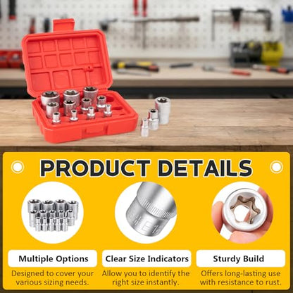 14-Piece E-Torx Socket Set, Premium External Torx Star Sockets - 1/4" 3/8" 1/2" Drive E4-E24, Ultimate Torque Socket Kit, Storage Case Included for Automotive Repair & Maintenance
