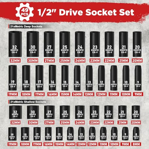 1/2" Drive Impact Socket Set 49 Piece, Standard and Deep Metric Socket (9-25mm, 27, 30, 32mm), Includes Extension Bars, Universal Joint and Adapter, 6 Point Design,Cr-V steel - style: 1/2-49PCS