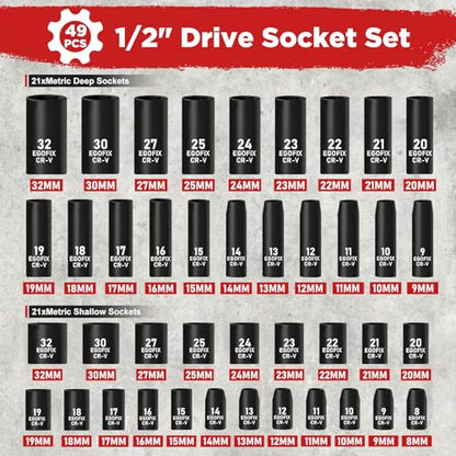 1/2" Drive Impact Socket Set 49 Piece, Standard and Deep Metric Socket (9-25mm, 27, 30, 32mm), Includes Extension Bars, Universal Joint and Adapter, 6 Point Design,Cr-V steel - style: 1/2-49PCS