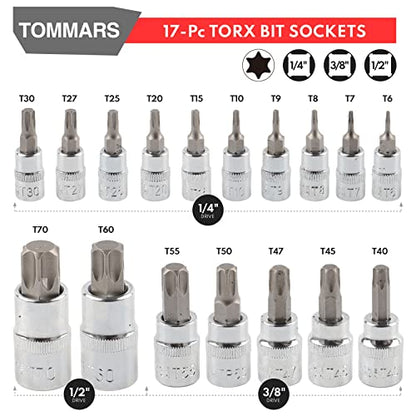 TOMMARS 60-Pc Master Torx Bit Socket & External Socket Set | 1/4", 3/8", 1/2" Drive, S2 Steel Bits, CRV Sockets, E4-E24, T6-T70, TT6-TT70, TP8-TP60 - style: Torx Bit Socket and External Torx Socket Set