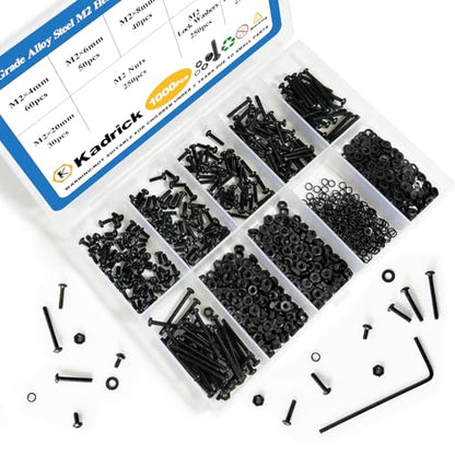 Kadrick 1000PCS M2 Screw Assortment kit,M2 Screws with Nuts and washers, Grade 10.9 Alloy Steel Hex Socket Button Head Black Bolts Nuts Kit,Lenth Form 4mm-20mm - size: M2 1000Pcs 4-20mm