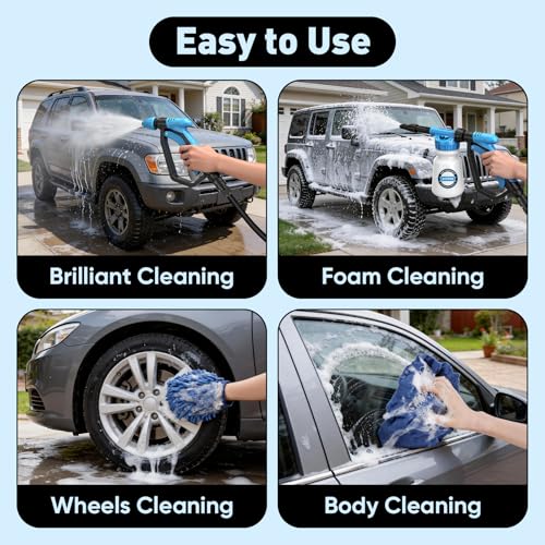 Upgraded Car Wash Foam Gun, Foam Cannon, Adjustable Hose Wash Sprayer with 2.5 to 6 Bars Foam Blaster, NEW Handle, Wash Mitten &Towel, Suitable for Car Cleaning & Garden Use with 1/2” Quick Connector - style: Upgraded Handle Car Wash Foam Gun