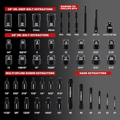 CASOMAN 3/8" Drive Bolt & Nut Extractor Set, Heavy Duty Screw Extractor Kit with Adapter and Pin for Removing Damaged Rusted Broken Rounded Fasteners off with a Storage Case, CR-MO - size: 46-Piece