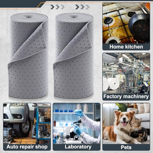 Tigeen 2 Roll Oil Absorbent Pads 15 in x 50 ft Gray Absorbing Mat with Tear Lines Cut to Fit Sheets for Garage Floor Automotive Maintenance Home Basement Spill Cleanup and Leak Drip Protection