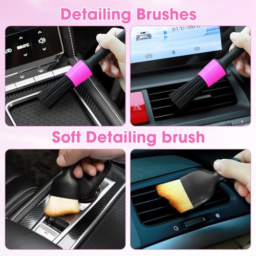 Pink Windshield Cleaner Tool, Car Interior Cleaning Kit with Extendable Handle and 3 Reusable Microfiber Pads, Auto Glass Wiper and Detailing Brush Kit for Car & Home Window - color: Rose Pink