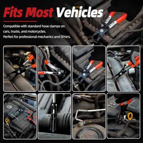 6-Piece Hose Clamp Pliers Set - Automotive Hose Clamp Removal Tool Kit for Coolant, Radiator, Heater & Water Hoses | Flexible Long Reach Flat Band for Car (Red, 6+21PCS Hose Clamp Pliers Set)