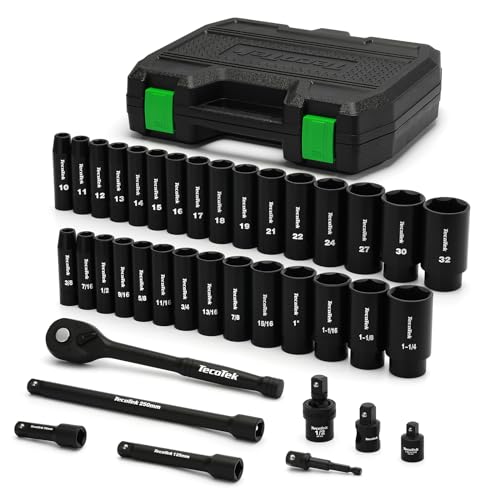 TecoTek 1/2" Drive Deep Impact Socket Set, 38-Piece Socket Set SAE 3/8 to 1-1/4 inch and Metric 10-32mm Size, Includes Extension Bars, Universal Joint, Adapter and Ratchet Handle, 6 Point, Cr-V Steel - size: 1/2" Drive 38pcs Impact Socket Set