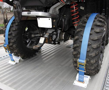Erickson Wheel Chock Tie-Down Kit, 2 in x 6.5 ft, Single Slotted E-Fitting, Fits 10 in-30 in Tires, 1500 lb Ratchet Straps - Secures ATV, UTV, SxS, Mower & More - style: 2in x 6.5ft - Single Slotted E-fitting