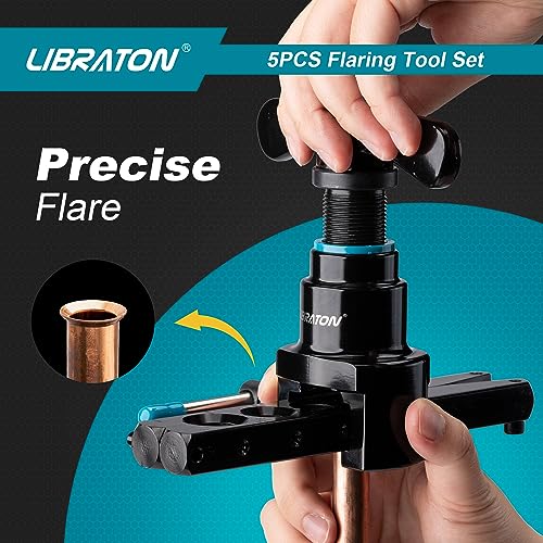 LIBRATON Flaring Tool, HVAC Flaring Tool Kit, Copper Flaring Tool, 45° Eccentric Single Flare Tool for 1/4''-3/4'' and 6-19mm with Pipe Cutter, Deburring Tool for Copper Aluminum Pipe