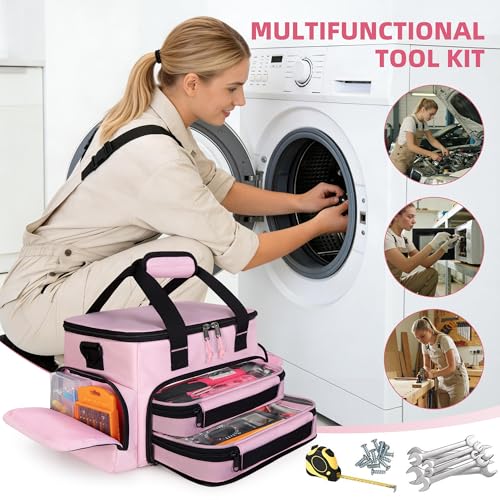 Pink Tool Bag for Women with 2 Clear Pouches, Double Layer Tool Box | 12-inch Tool Bag, Double Top Hndle, Adjustable Shoulder Strap, Ideal for Electrician, Carpenters, Repairman
