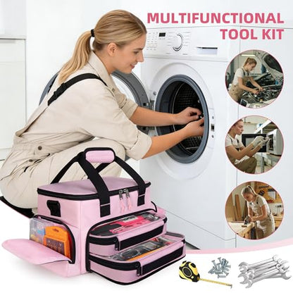 Pink Tool Bag for Women with 2 Clear Pouches, Double Layer Tool Box | 12-inch Tool Bag, Double Top Hndle, Adjustable Shoulder Strap, Ideal for Electrician, Carpenters, Repairman
