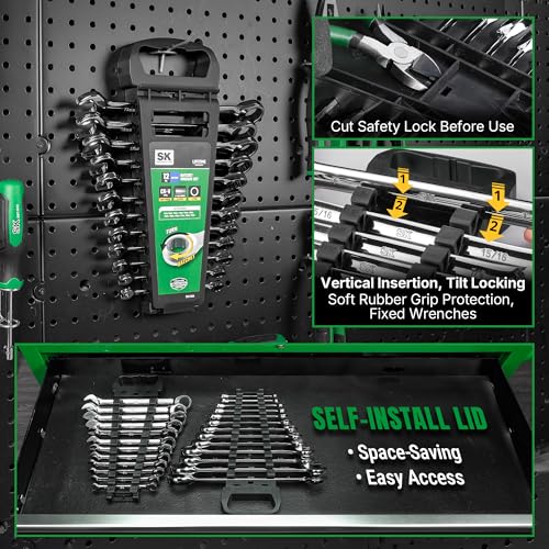 SK Ratcheting Wrench Set, Combination Wrench Set, 12-Piece, Metric 8 to 19mm, 72-Tooth, Premium CR-V Construction, with Rack Organizer - size: Metric