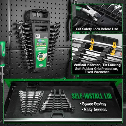 SK Ratcheting Wrench Set, Combination Wrench Set, 12-Piece, Metric 8 to 19mm, 72-Tooth, Premium CR-V Construction, with Rack Organizer - size: Metric