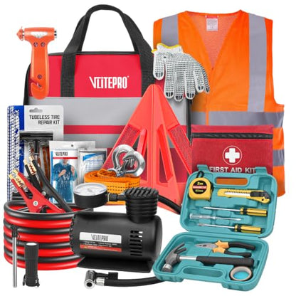 Roadside Emergency Car Kit for Vehicles, Car Emergency Kit with Jumper Cables, Air Compressor, First Aid Kit, Car Safety Tool Kits, Road Trip Assistance for Men, Women, New Driver Gifts