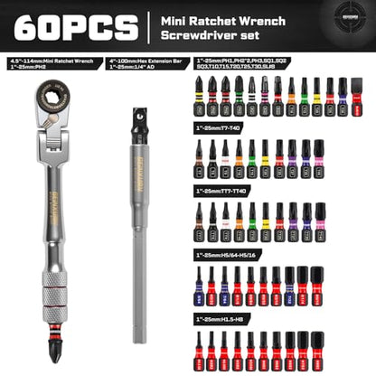 Geinxurn 60Pcs 180° Pivoting Flex Head T-Handle Ratchet Wrench Set, 72-Tooth 1/4" Reversible Ratchet with Extension Bar, Socket Adapter & 1" Impact Screwdriver Bits (Phillips/Torx/Hex) for DIY - size: 60pcs-Changeable