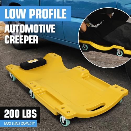 PM PERFORMOTOR 40Inch Low Profile Plastic Rolling Garage Shop Creeper with Padded Headrest,Tool Trays & 6pcs Casters, Yellow, PM-TOL-CPC40-YL - size: 40 Inches
