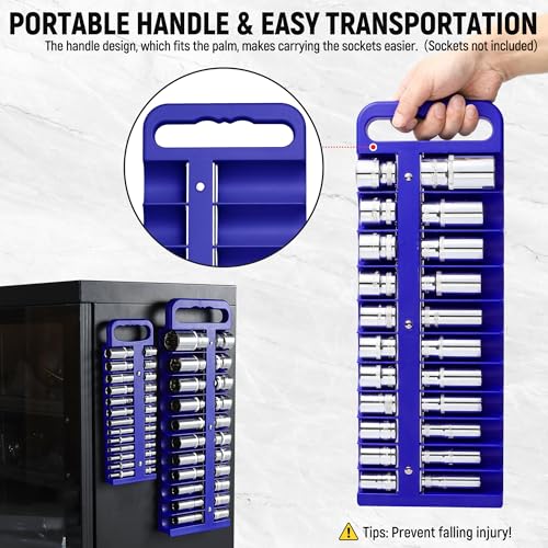 Reniteco Magnetic Socket Organizer Set, 3 Pcs Blue Portable Heavy Duty Socket Rail Set: 1/4-Inch x 22 Pallets, 3/8-Inch x 28 Pallets, 1/2-Inch x 26 Pallets, Hold 76 Sockets - Fit Shallow&Deep Sockets - color: Blue