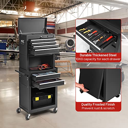 ERGOMASTER Rolling Tool Chest - Removable Top Box Large Bottom Cabinet with Casters and Lock System Tool-Box - Heighten 6-Drawer Black - color: Black, size: 6-Drawers