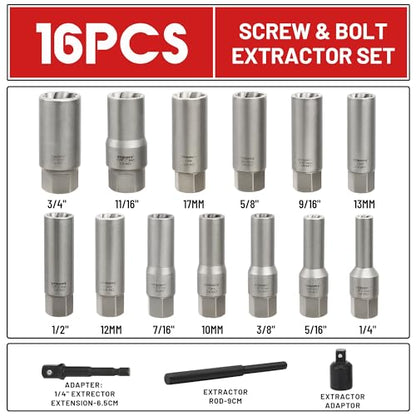 16-Pcs Spiral Deep Bolt Extractor Set, Stripped Bolt Remover Lug Nut Extractor Set, Stripped Lug Nut Remover for Broken Damaged Rounded-Off Bolts, Nuts, Bolts, Studs, Fittings, Threaded Tubes - size: 16Pcs
