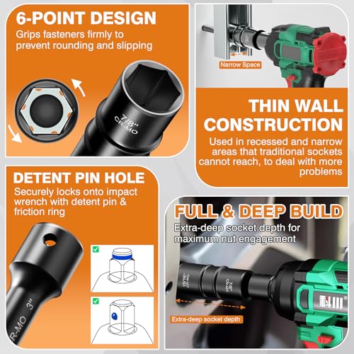6PCS Thin Wall Lug Nut Impact Socket Set, XEWEA 1/2" Drive Impact Flip Socket Set, 8 in 1 Dual End Wheel Tire Nut Sockets Metric 17 19 21 22 mm & SAE 3/4" 13/16" 7/8" 15/16", Impact CR-MO Tool - size: 4+2 Set