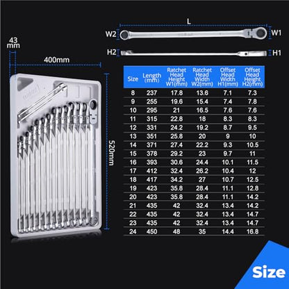 toolant Extra Long Ratcheting Wrench, Flex Head & Fixed Offset Head Double Box End Combination Wrench, CR-V Steel, Metric 16mm - size: 16 mm