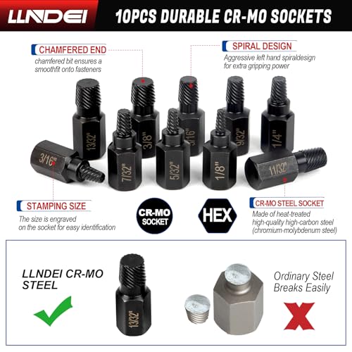LLNDEI Screw Extractor Set, Hex Head Easy Out Set 10 Pieces, Multi-Spline Ez Out Stripped Extractor (1/8”-13/32”) CR-MO, Stripped Fastener Tool - size: Screw Extractor Set -10pcs