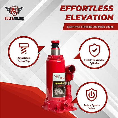 BullsArmor Hydraulic Bottle Jack - 8 Ton (16,000 lb) Capacity - Welded Heavy-Duty Design with Extended Pump Handle - Ideal for Cars, Trucks, RVs, and Industrial Use - Red - size: 8 Ton