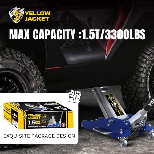 YELLOW JACKET Floor Jack 1.5 Ton Hydraulic Low Profile Aluminum and Steel Car Jack Lightweight Service Jack with Quick Lift Dual Pump, 3300 lbs Capacity - color: Aluminum & Steel, size: 1.5T low profile dual pump