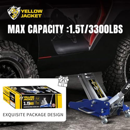 YELLOW JACKET Floor Jack 1.5 Ton Hydraulic Low Profile Aluminum and Steel Car Jack Lightweight Service Jack with Quick Lift Dual Pump, 3300 lbs Capacity - color: Aluminum & Steel, size: 1.5T low profile dual pump