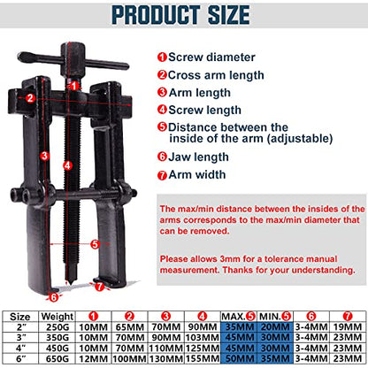 XIIW 4 Bearing Puller Kit 2'' 3'' 4'' 6'' with 2 Jaws Pulley Puller Tool Adjustable | Chrome Vanadium Steel Bearing Gear Puller Set Hand Remover Tool Pump Pulley Remover for Wheel, Motorcycle, Bearings, Gears - size: 2-Jaw Bearing Puller 2'' 3'' 4'' 6''