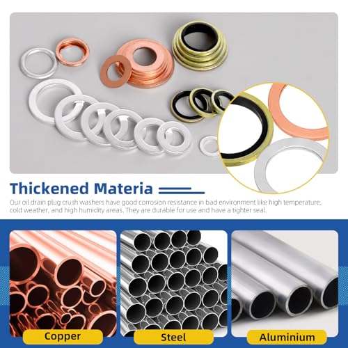 Glarks 143pcs 10 Sizes Automotive Oil Drain Plug Gasket Kit M8 M10 M12 M14 M16 M18 M20 M22 Aluminum Copper Steel Oil Crush Washer Seal Oil Drain Plug Crush Washer