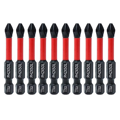 10 Pack Phillips PH2 Magnetic Anti Slip Screwdriver Bit Set 2" L TS2 Toolsteel HRC63 Anti-Slip Long Drill Bits 1/4 Hex Shank Cross Single and Double Head Bits Screw Impact Driver Bits - size: Length:50mm