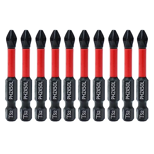 10 Pack PH2 Magnetic Anti-Slip Impact Driver Bits, 2 Inch | 2" Long Phillips Bits with Anti-Slip Tip, Strong Magnetic Holding Impact-rated Durability Phillips #2 Bits for Impact Driver - size: Length:50mm