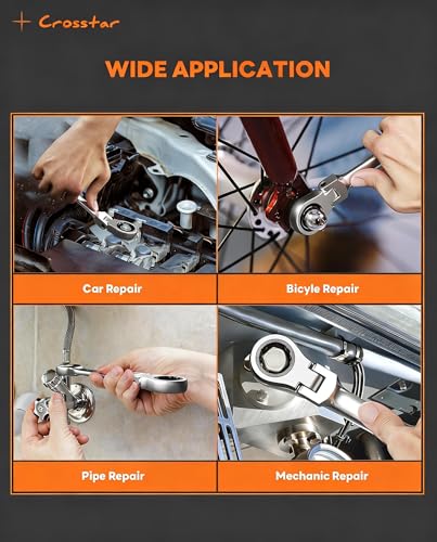 Crosstar 12-Piece Metric Stubby Flex-Head Ratcheting Combination Wrench Set with Rolling Pouch – 8-19mm, 90-Tooth, CR-V Steel, Compact Design for Tight Spaces
