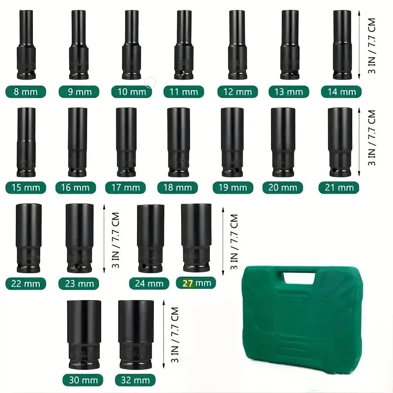 20 PCS 1/2" Drive Metric Deep-impact Socket Set, 8mm-32mm, Extended Hex Socket Set For Electric Wrenches, Pneumatic Hex Sockets, Suitable For Electric Wrench Sockets, Automotive Repair And Nut Tools