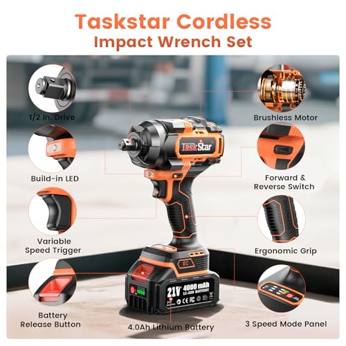 1500N.m Cordless Impact Wrench - 20V Max Brushless 1/2" Impact Gun with 2 x 4.0Ah Batteries & Fast Charger | Removes Stuck Truck Lug Nuts in Seconds | 3-Speed for Auto Repair & Heavy Duty DIY - style: 1500Nm