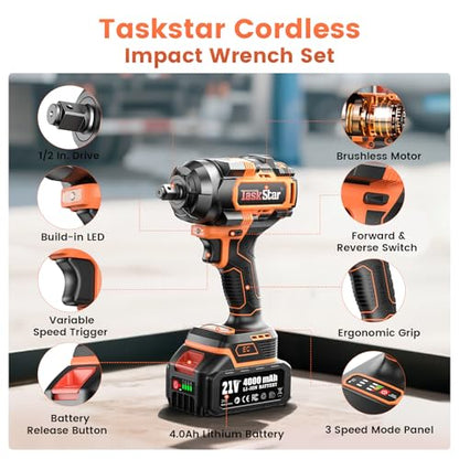 1500N.m Cordless Impact Wrench - 20V Max Brushless 1/2" Impact Gun with 2 x 4.0Ah Batteries & Fast Charger | Removes Stuck Truck Lug Nuts in Seconds | 3-Speed for Auto Repair & Heavy Duty DIY - style: 1500Nm