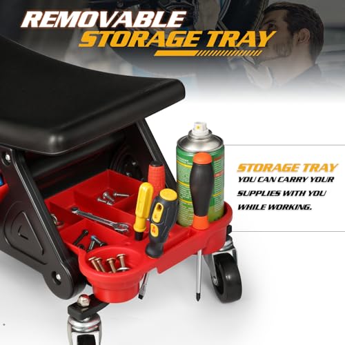 Magshion Garage Creeper Seat with Built-in Storage Drawer & Tool Holder – Durable Plastic Rolling Mechanic Stool with Wheels, 300 Lbs Capacity for Workshop & Auto Repair (Red)