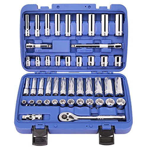 Stark USA 47-Pieces 1/4" & 3/8" Drive Impact Socket Wrench SAE (5/16" to 3/4") & Metric (8 to 19mm) Reversible Ratchet Deep & Shallow, 6 Point, Ratchet, Universal Joint, Adapters - style: 47pcs SAE/Metric Impact Socket Set