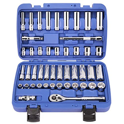 Stark USA 47-Pieces 1/4" & 3/8" Drive Impact Socket Wrench SAE (5/16" to 3/4") & Metric (8 to 19mm) Reversible Ratchet Deep & Shallow, 6 Point, Ratchet, Universal Joint, Adapters - style: 47pcs SAE/Metric Impact Socket Set