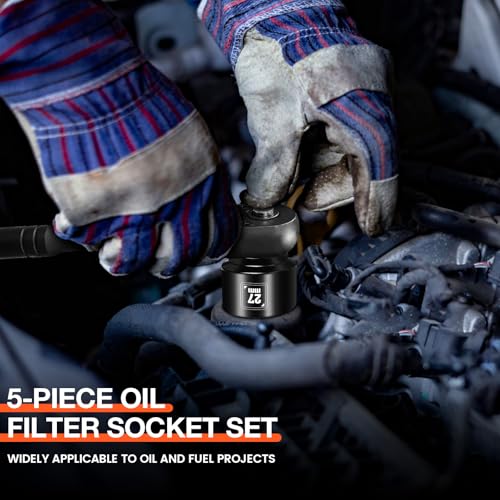 BLACKROBOT 5 Pieces 3/8” Drive Low Profile Oil Filter Socket Set, Metric Size 24mm, 27mm, 29mm, 32mm, 36mm, Chrome Vanadium Steel, 6 Point Design, Oil Filter Cap Remover and Installer Tool Set - size: 24mm-36mm