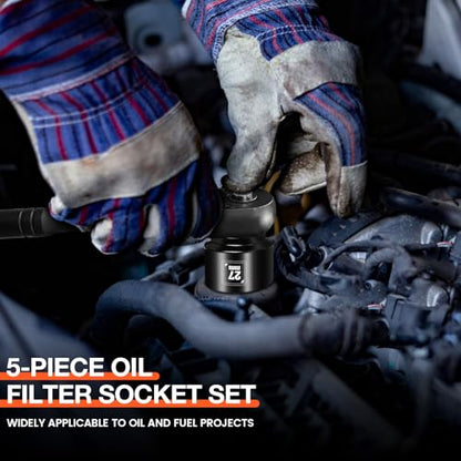 BLACKROBOT 5 Pieces 3/8” Drive Low Profile Oil Filter Socket Set, Metric Size 24mm, 27mm, 29mm, 32mm, 36mm, Chrome Vanadium Steel, 6 Point Design, Oil Filter Cap Remover and Installer Tool Set - size: 24mm-36mm