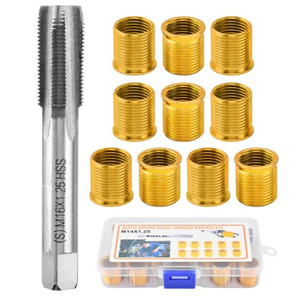 NINEFOX Spark Plug Thread Repair Kit Insert and Tap Set M14x1.25 | 11 piece spark plug rethreading kit with 10 inserts and 1 tap for cylinder head thread repair on cars, trucks, and generators - size: M14x1.25