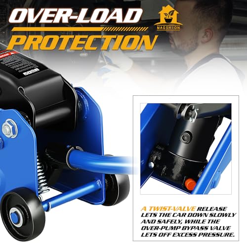 Magshion 1.5 Ton Low Profile Hydraulic Floor Jack, Heavy-Duty Steel Trolley Service Jack with Safety Valve, Swivel Casters, and Wide Saddle for Garage and Vehicle Maintenance, Blue - color: Blue