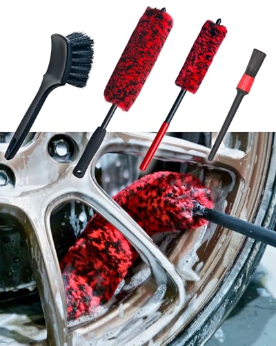 oesee Professional 4 Pack Long Handle Wheel Brush Kit for Cleaning Wheel and Tire- 2X Soft Wheel Cleaning Brush, Detailing Brush and Stiff Tire Brush, Bendable& Durable Wheel Rim Cleaner Brush Set - color: 4 Pack (Red & Black)