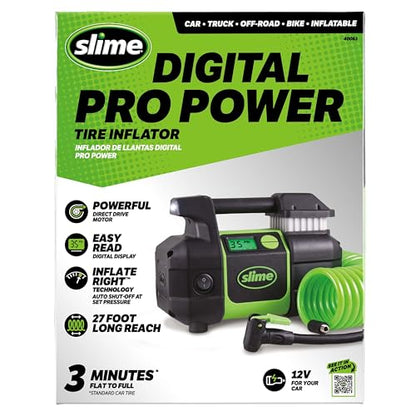 Slime 40063 Tire Inflator, Portable Car, SUV, 4x4 Air Compressor, Elite Heavy Duty, Inflate Right Automatic Shut Off, with Digital 99 psi Display, Long Hose and LED Light, 12V, 3 min Inflation - style: Pro Power Digital