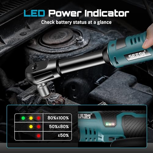 Seesii 3/8" Cordless Electric Ratchet Wrench for Car Repair | 6" Long Neck, 40 ft-lbs, 220 RPM, 2×2.0Ah Batteries & Fast Charger, 7 Sockets + 1/4" Adapter, LED Light