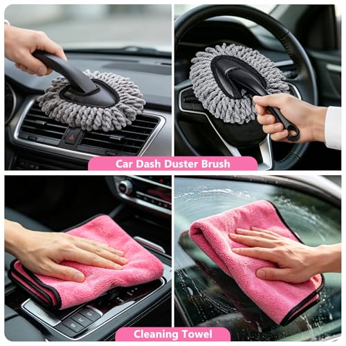 Windshield Cleaning Tool, 13PCS Car Detailing Kit Interior Cleaner, Car Window Cleaner with Extendable Handle, Car Interior Cleaning Kit with Detailing Brushes for Women Men (Pink) - color: pink