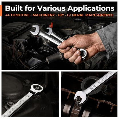 8-Piece SAE Ratcheting Combination Wrench Set, 72-Tooth, CR-V Steel | Mirror Polished, 12-Point Design, Rolling Pouch Included, Ideal for Domestic Automotive Repairs and Home Garage Projects - size: 5/16"-3/4"